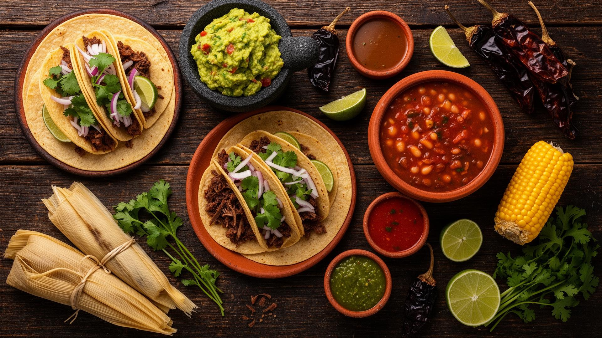 Mexican food spread with tacos and fajitas